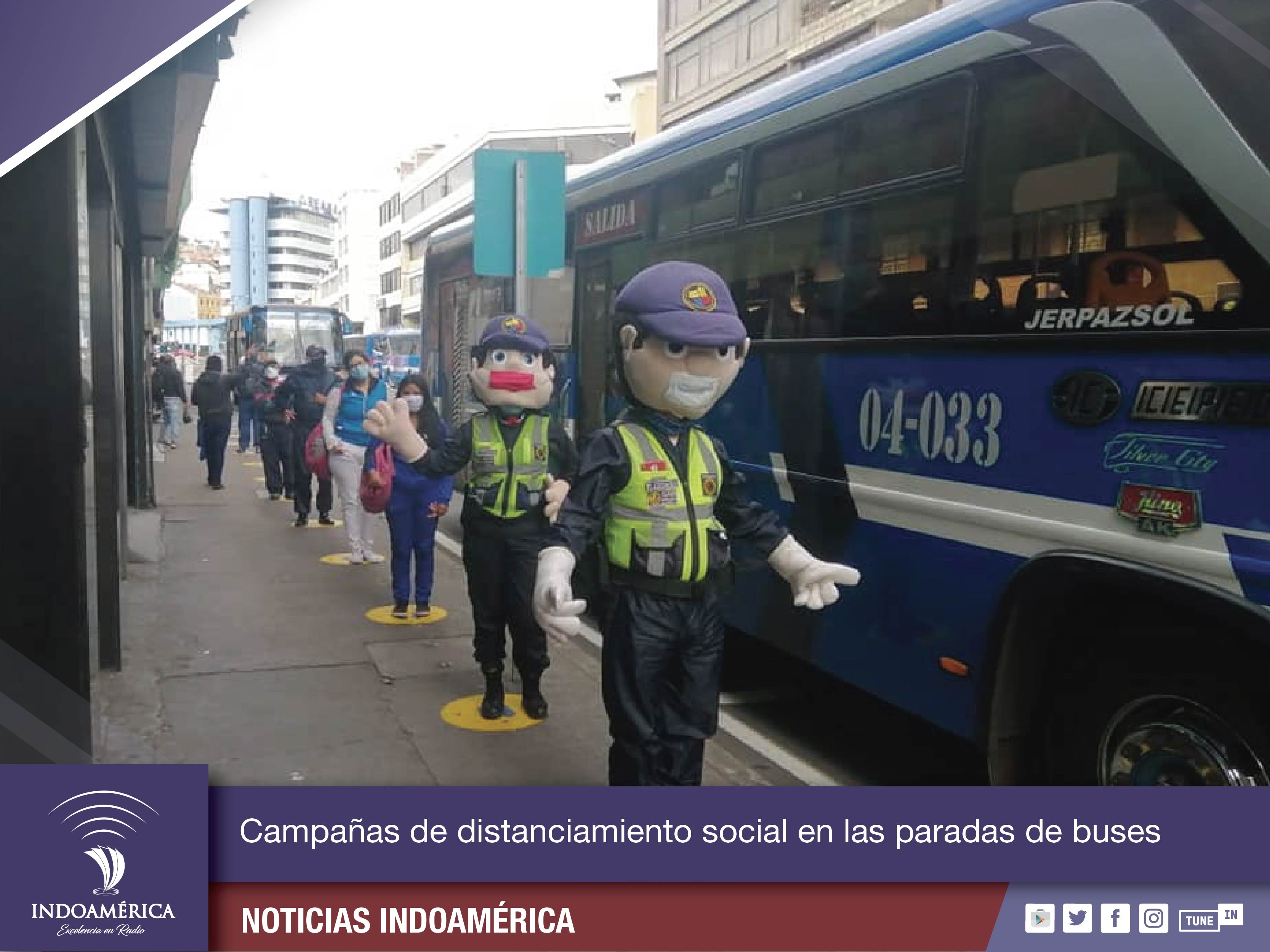 Campañas de distanciamiento social se promueven en las paradas de buses
